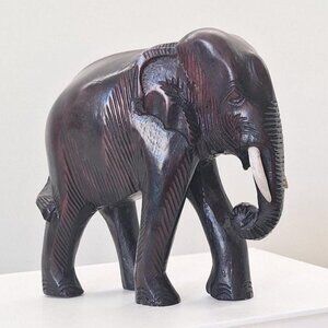 Vintage Faux Wood Elephant Figurine: Hand Carved Carving Look Resin Statue